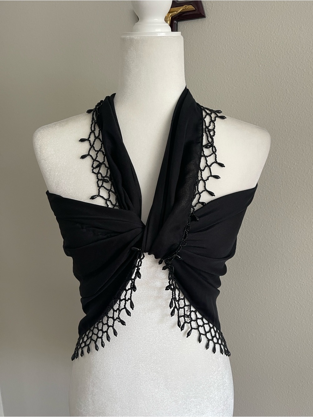 Black Beaded Crochet Trim Wrap Scarf Top